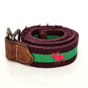 Vintage Abercrombie Canvas Leather Stripe Belt Brown Green Moose Logo Wool Blend